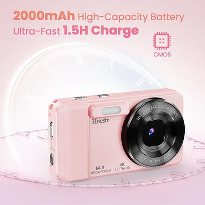 64MP 4K Digital Camera, Hoestr 18X Zoom Autofocus Point and Shoot Compact Camera with 64GB TF Card, Flash, 2.8" LCD Screen for Teens Gifts Adult Beginner Travel Photography Vlogging (Pink)