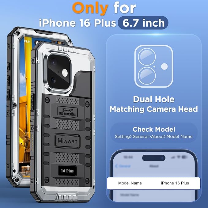 Mitywah Waterproof Case for iPhone 16 Plus, Shockproof Heavy Duty Case with Built-in Screen Protector, Underwater Full Body Protective Metal Case 6.7 inch, Silver