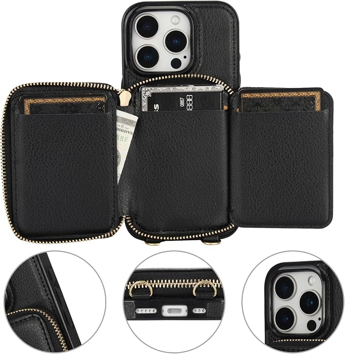 Bocasal RFID Blocking Wallet Case for iPhone 16 Pro, Adjustable Crossbody Zipper Purse Case Card Holder with Kickstand Detachable Wrist Strap, PU Leather Flip Folio Case 6.3 Inch 5G (Black)