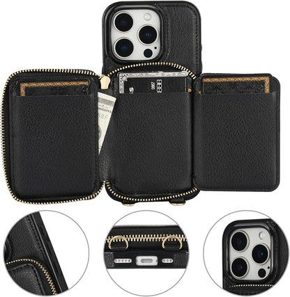 Bocasal RFID Blocking Wallet Case for iPhone 16 Pro, Adjustable Crossbody Zipper Purse Case Card Holder with Kickstand Detachable Wrist Strap, PU Leather Flip Folio Case 6.3 Inch 5G (Black)