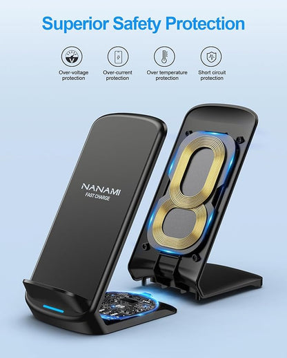 NANAMI Upgraded Fast Wireless Charger, Wireless Charging Stand Compatible with Samsung Galaxy S26/S26+/S25/S24/S23/S22/S21 & Phone Charger Dock for iPhone 17/17 Air/16/16 Plus/16 Pro/15/14/13/12