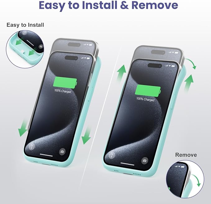 Feob Battery Case for iPhone 15 Pro, [2026 Upgraded] 7500mAh Slim Portable Smart Charging Case Rechargeable Protective Extended Charging Cover for iPhone 15 Pro-Green