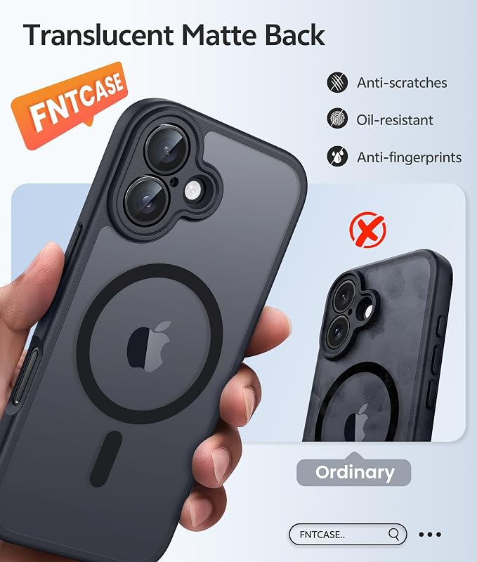 FNTCASE for iPhone 17 Case: [Compatible with Magsafe] Translucent Matte Cases with [Full Camera Protection] [Screen Protector] Military Grade Shockproof Protective Phone Cover - Black