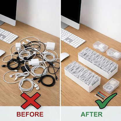 KUGUA 2 Pack Cable Organizer Box Set with 7 and 11 Clear Cases for Charging Cables, Chargers, Earphones and Small Accessories, Includes Cable Ties and Labels for Home, Desk and Drawer