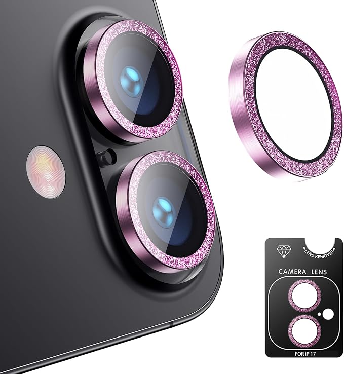 AFARER Camera Lens Protector for iPhone 17/16/16Plus,Individual 9H Tempered Glass, Bling Metal Ring, HD Clear & Case Friendly [Strong Adsorption] [Does not Affect Night Shots](Glitter Purple)