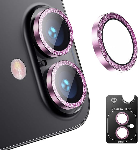 AFARER Camera Lens Protector for iPhone 17/16/16Plus,Individual 9H Tempered Glass, Bling Metal Ring, HD Clear & Case Friendly [Strong Adsorption] [Does not Affect Night Shots](Glitter Purple)