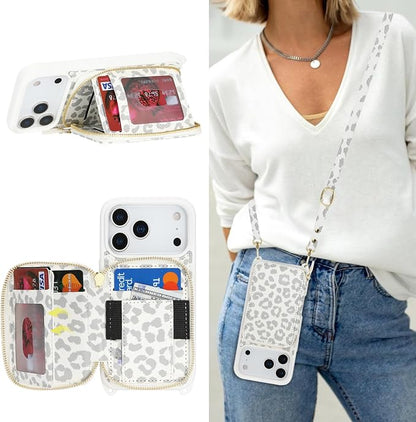 Crossbody Wallet Case for iPhone 17 Pro, PU Leather Zipper Handbag Purse Flip Cover, Kickstand Folio Case with Card Slots Holder Wrist Strap Lanyard 5G 6.3 Inch-White Leopard