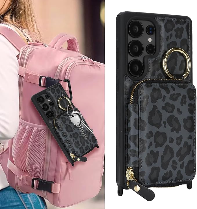 Crossbody Wallet Case for Galaxy S25 Ultra, PU Leather Zipper Handbag Purse Flip Cover, Kickstand Folio Case with Card Slots Holder Wrist Strap Lanyard -Black Leopard