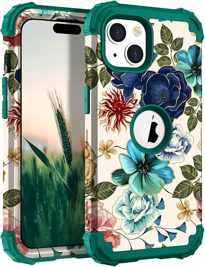Hocase for iPhone 15 Plus Case, Heavy Duty Shockproof Protection Soft Silicone Rubber Bumper+Hard Plastic Hybrid Protective Case for iPhone 15 Plus 6.7" 2023 - Teal Flowers