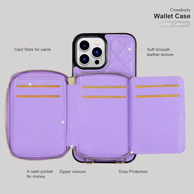 Bocasal Crossbody Wallet Case for iPhone 13 Pro Max, RFID Blocking PU Leather Zipper Handbag Purse Flip Cover, Kickstand Folio Case with Card Slots Holder Wrist Strap Lanyard 5G 6.7 Inch (Purple)