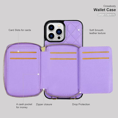 Bocasal Crossbody Wallet Case for iPhone 13 Pro Max, RFID Blocking PU Leather Zipper Handbag Purse Flip Cover, Kickstand Folio Case with Card Slots Holder Wrist Strap Lanyard 5G 6.7 Inch (Purple)