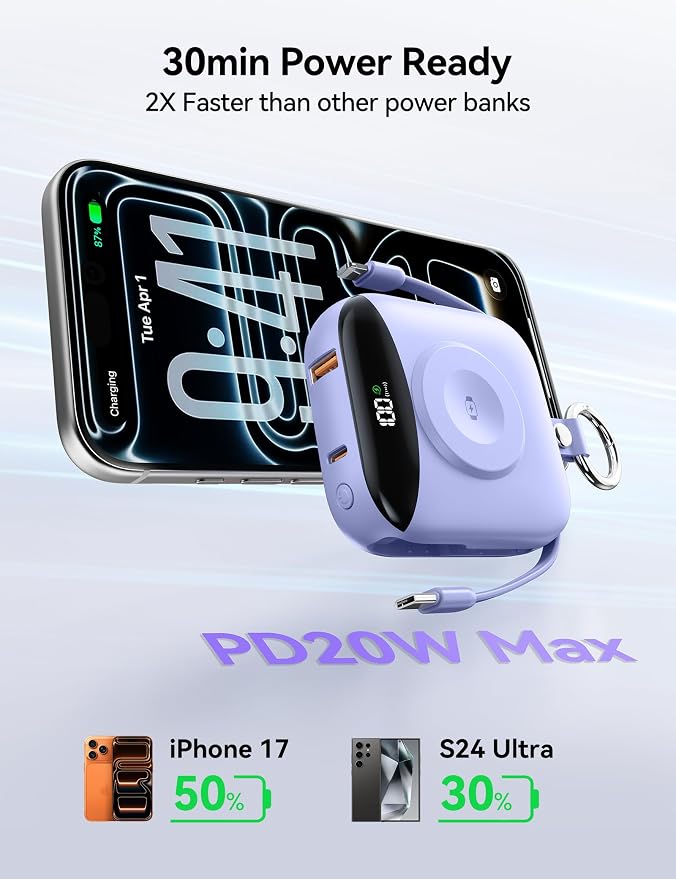 Portable Charger Power Bank, 10000mAh Fast Charging Power Bank with Built-in Cables, Travel Keychain Battery Pack with LED Display for iPhone Samsung Android iPad iWatch Charger 11/10/9/8/Ultra,Purple