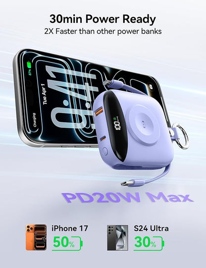 Portable Charger Power Bank, 10000mAh Fast Charging Power Bank with Built-in Cables, Travel Keychain Battery Pack with LED Display for iPhone Samsung Android iPad iWatch Charger 11/10/9/8/Ultra,Purple