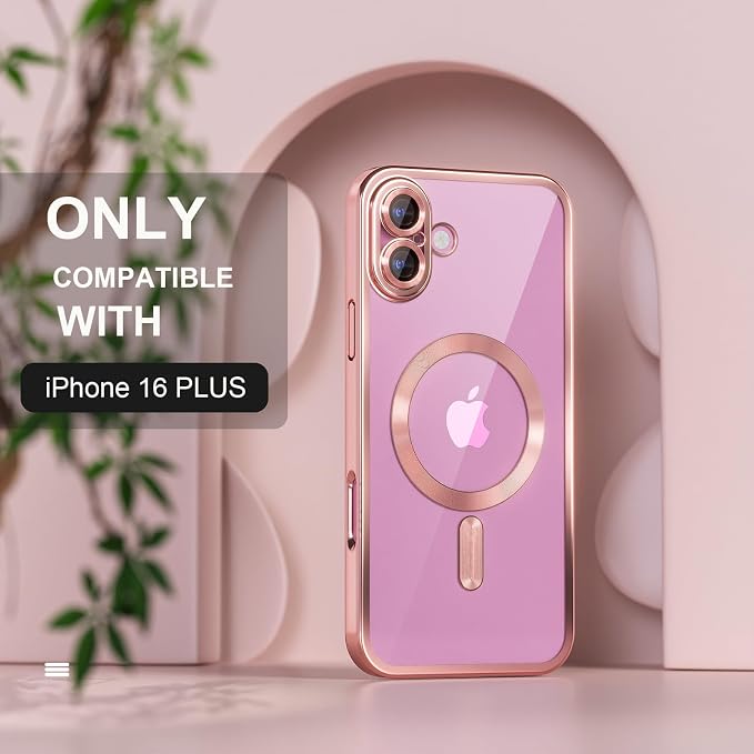 Misea Magnetic for iPhone 16 Plus Case Compatible with MagSafe [Never Yellowing] [Military Grade Drop Protection] Full Camera Lens Protector Plating Soft Clear Phone Case for Women 6.7", Pink