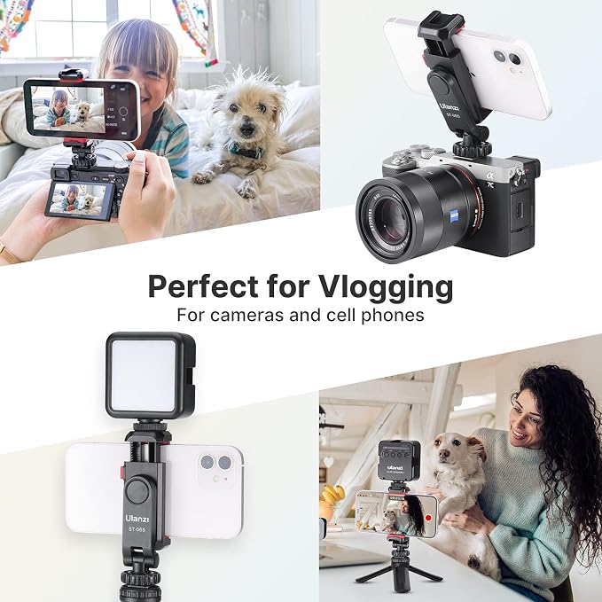 ULANZI ST-06S Phone Tripod Mount, Universal Smartphone Mount Adapter with 2 Cold Shoe, 360° Rotates Adjustable Cell Phone Clip Clamp Holder, Compatible with iPhone 17/16/15, Samsung Galaxy Cell Phones