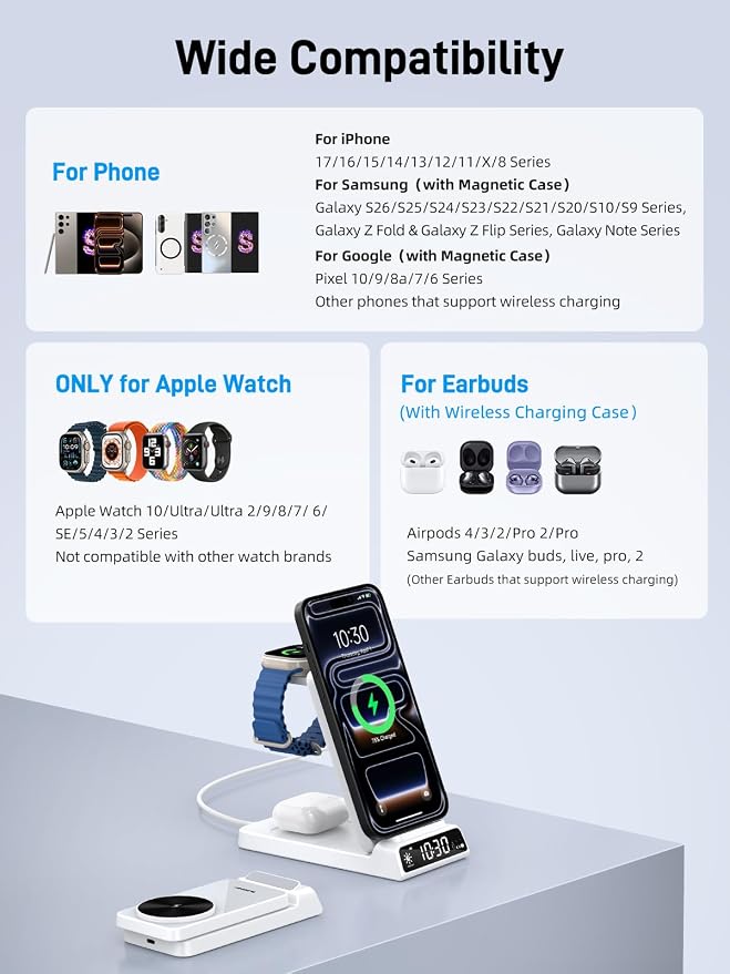 3 in 1 Charging Station for Apple, Magnetic Charger for iPhone, Foldable Wireless Charger with Clock, Travel Watch Charger Stand for iPhone 17/Air/16/15 Series, iWatch 10/AirPods 4 (White)
