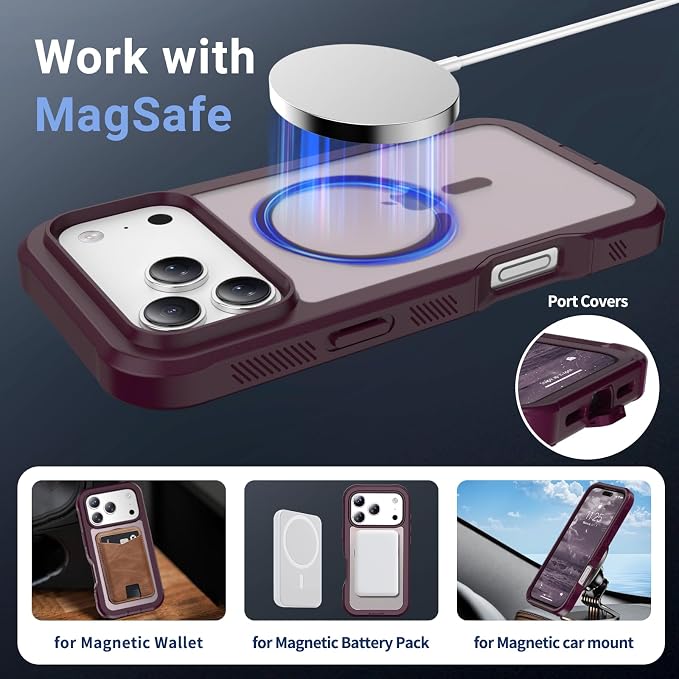 jaroco Magnetic for iPhone 17 Pro Max Case, [Compatible with MagSafe][Military Grade Drop Protection][Heavy Duty Protection][Non-Slip][Shockproof] 2-Layer Durable Bumper Phone Case 6.9''-Wine Red