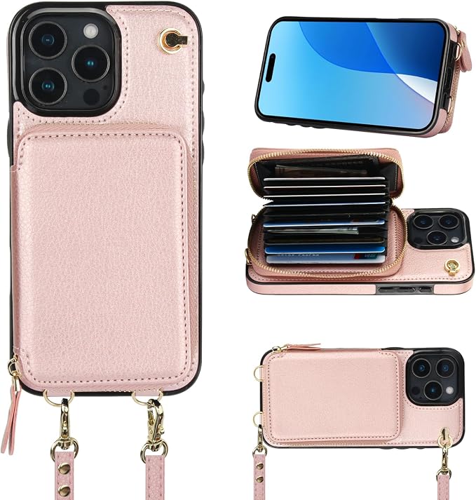 Bocasal Crossbody Wallet Case for iPhone 16 Pro Max, RFID Blocking Leather Purse Case with Card Holder, Protective Handbag Flip Cover with Zipper Wrist Strap Lanyard for Women 5G 6.9 Inch (Rose Gold)