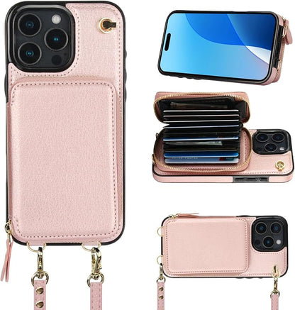 Bocasal Crossbody Wallet Case for iPhone 16 Pro Max, RFID Blocking Leather Purse Case with Card Holder, Protective Handbag Flip Cover with Zipper Wrist Strap Lanyard for Women 5G 6.9 Inch (Rose Gold)