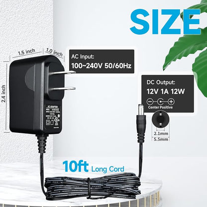 UL Listed 12V 1A Power Supply Adapter with 10ft Long Cord, 12V 1000mA 12W AC Adapter Charger Replacement for LED Strip Light Keyboard BT Speaker Router CCTV Camera Webcam DVR NVR and More
