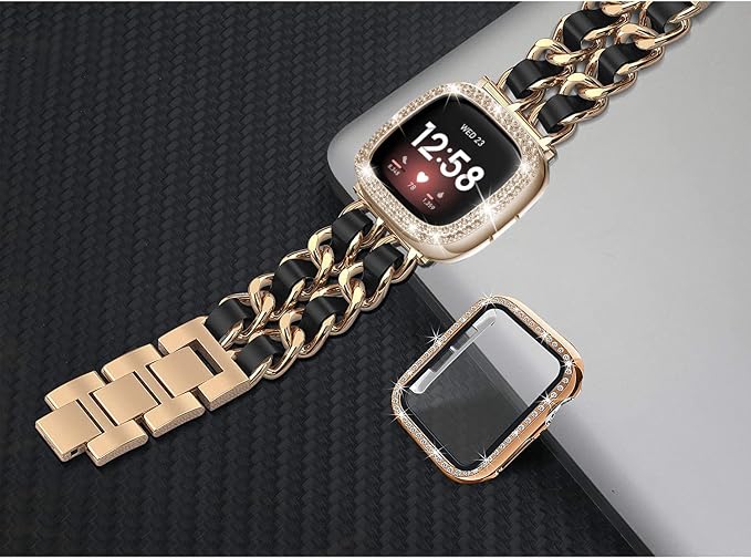 Stainless Steel Bands Compatible for Fitbit Versa 4/Fitbit Sense 2 Smartwatch With Bling Case Cover,Chic Leather Metal Wristband Accessories Strap for Women Bracelet