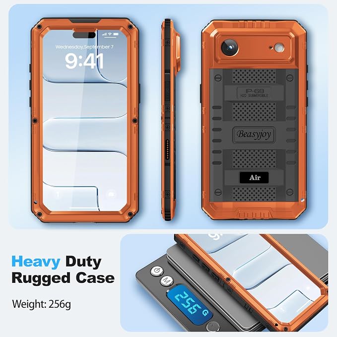 Beasyjoy for iPhone Air Case Waterproof, Heavy Duty Metal Full Body Protection, Built-in Screen Protector, Military Grade Shockproof Rugged Hard Phone Cover for iPhone 17 Air 6.5", Orange
