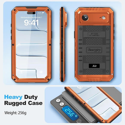 Beasyjoy for iPhone Air Case Waterproof, Heavy Duty Metal Full Body Protection, Built-in Screen Protector, Military Grade Shockproof Rugged Hard Phone Cover for iPhone 17 Air 6.5", Orange