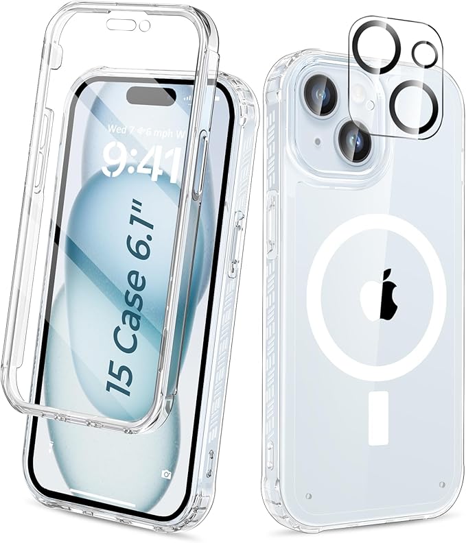Compatible with iPhone 15 Case Clear, Built-in Screen Protector, with Camera Lens Protector, [Compatible with MagSafe] Full Body Phone Case, Magnetic Protective Cover for 15 6.1" (Clear)