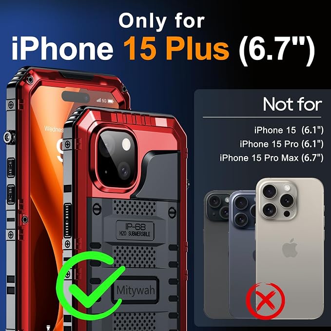 Mitywah Waterproof Case for iPhone 15 Plus, Heavy Duty Shockproof Case with Built-in Screen Protector, Full Body Underwater Protective Metal Case 6.1 inch, Red