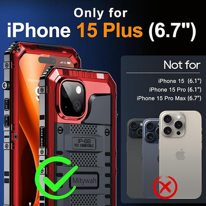 Mitywah Waterproof Case for iPhone 15 Plus, Heavy Duty Shockproof Case with Built-in Screen Protector, Full Body Underwater Protective Metal Case 6.1 inch, Red