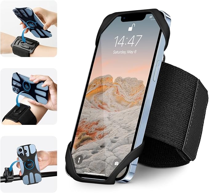 3in1 Running Sports Armband+Wristband+Bicycle Phone Holder,360° Rotation & Detachable Compatible with 4.5-7" Cellphone for iPhone 17/16/15/Pro/ProMax/14/13/mini/Pro Max/XS/XR