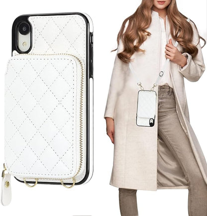 Bocasal Crossbody Wallet Case for iPhone Xr, RFID Blocking PU Leather Zipper Handbag Purse Flip Cover, Kickstand Folio Case with Card Slots Holder Wrist Strap Lanyard 6.1 Inch (White)
