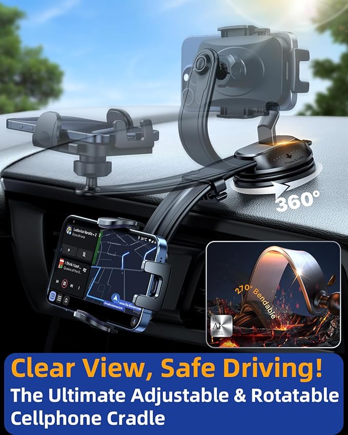 YRU [2026 Ultimate Car Phone Holder Mount [Bendable & Adjustable Aluminum Arm] Cell Phone Holder for Car Dashboard Windshield Phone Stand for iPhone 17 16 15 14 Pro Max Samsung Pickup Truck, Dark Blue