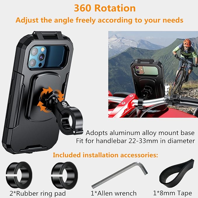 Kewig Bike Phone Mount Waterproof, Motorcycle Phone Mount with Aluminum Alloy Handlebar Mount Base & Touch-Screen, 360 Rotation Bike Phone Holder Suitable for 4.7'' - 6.3'' Cellphones