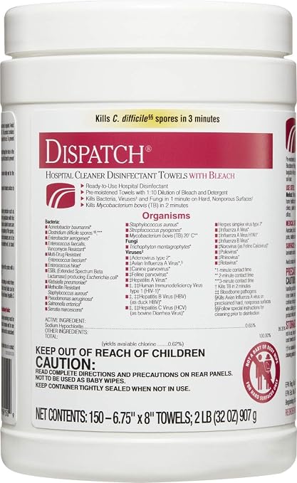 Dispatch Hospital Cleaner Disinfectant Towels with Bleach, 150 Count Canister (Package May Vary)