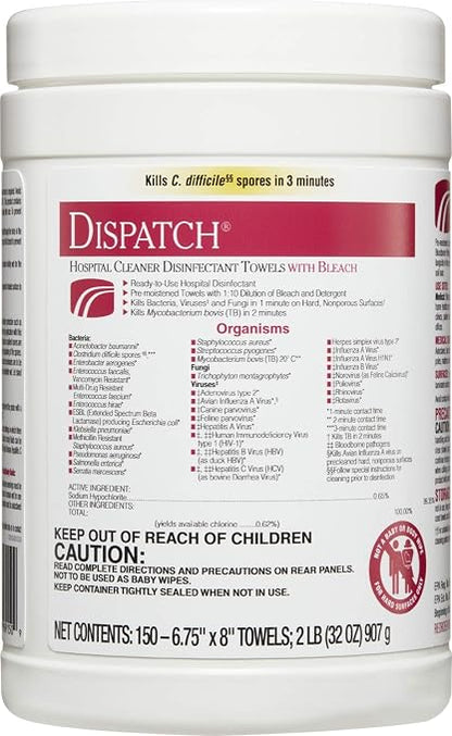 Dispatch Hospital Cleaner Disinfectant Towels with Bleach, 150 Count Canister (Package May Vary)