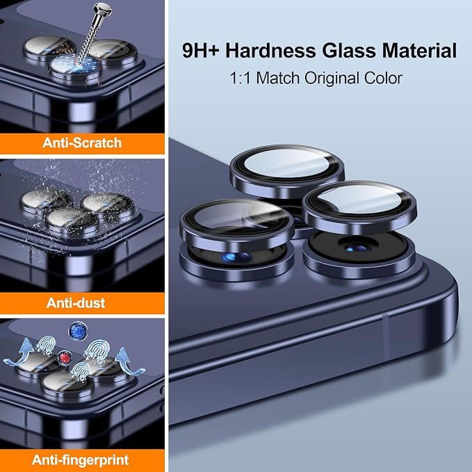 QHOHQ 2 Set Camera Lens Protector for iPhone 17 Pro Max/17 Pro/16 Pro Max/16 Pro/15 Pro Max/15 Pro, Individual Anti Shatter Lens Protector,[15FT Military Grade Protection],1-Second Auto-Install- Blue
