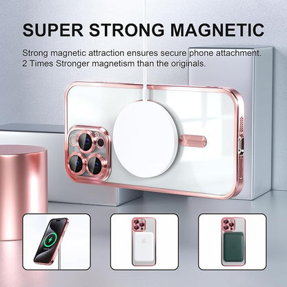 Misea Magnetic for iPhone 15 Pro Max Case with MagSafe [Never Yellowing] [Military Grade Drop Protection] Full Camera Lens Protector Plating Soft Clear Phone Case for Women Girls, Pink