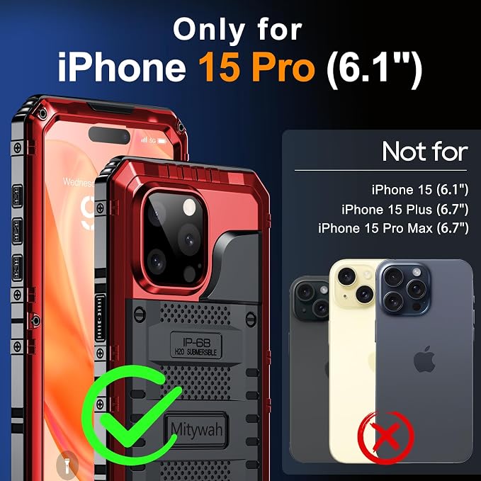 Mitywah Waterproof Case for iPhone 15 Pro, Heavy Duty Shockproof Case with Built-in Screen Protector, Full Body Underwater Protective Metal Case 6.1 inch, Red