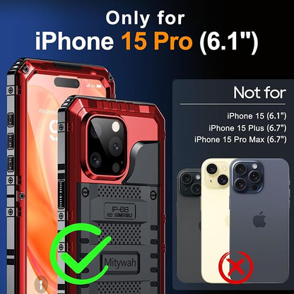 Mitywah Waterproof Case for iPhone 15 Pro, Heavy Duty Shockproof Case with Built-in Screen Protector, Full Body Underwater Protective Metal Case 6.1 inch, Red