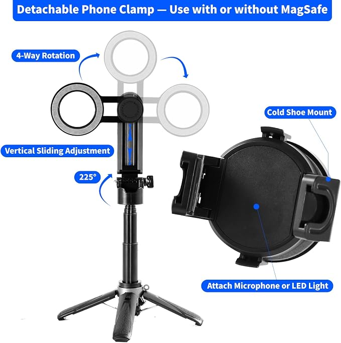 4-in-1 Magnetic Selfie Stick for iPhone/Android - Multifunctional 360° Rotation Extendable Tripod with Detachable Remote, Universal Phone Mount & Metal Ring (Magnetic or Clip Combo)