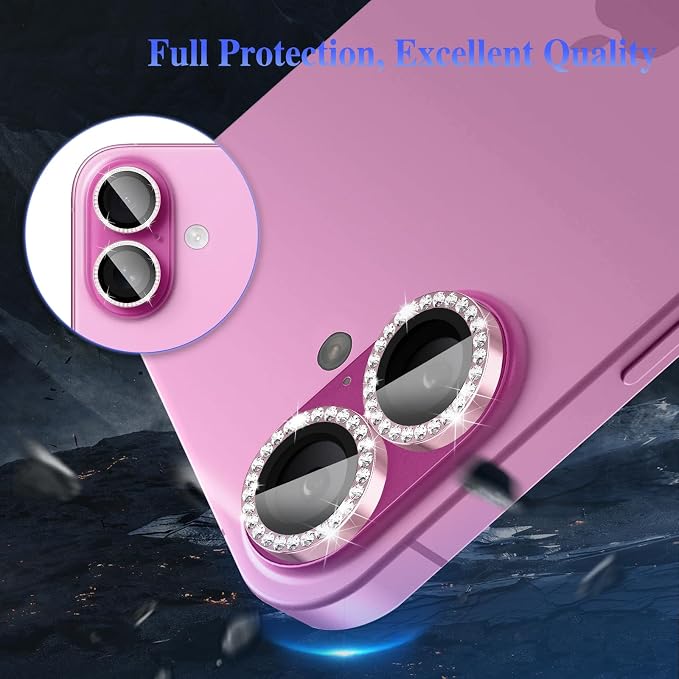ShinKin Camera Lens Protector for iPhone 16/iPhone 16 Plus, Bling Glitter Camera Cover, 9H Tempered Glass Individual Metal Ring Camera Protector for iPhone 16/iPhone 16 Plus (Diamond - Pink)