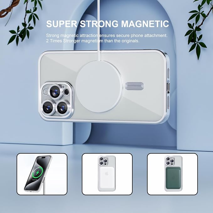 Misea Magnetic for iPhone 16 Pro Case Compatible with MagSafe [Never Yellowing] [Military Grade Drop Protection] Full Camera Lens Protector Plating Soft Clear Phone Case for Women 6.3", Silver