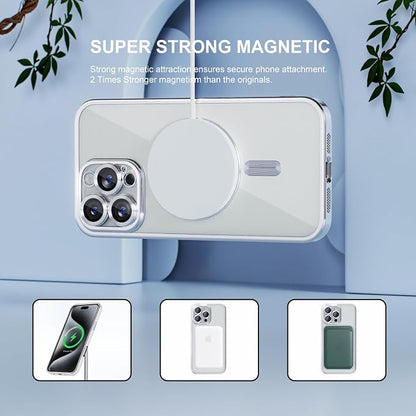 Misea Magnetic for iPhone 16 Pro Max Case Compatible with MagSafe [Never Yellowing] [Military Grade Drop Protection] Full Camera Lens Protector Plating Soft Clear Phone Case for Women 6.9", Silver