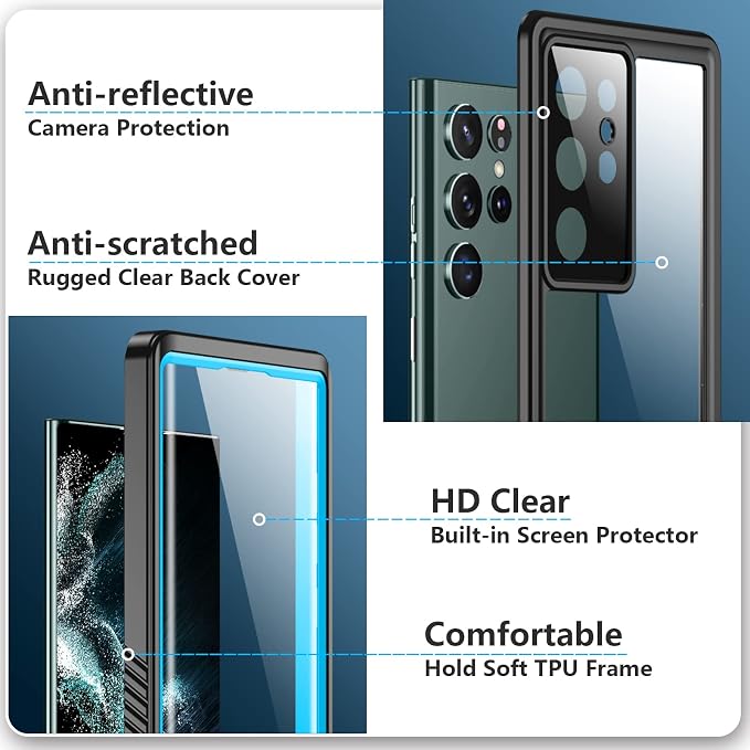 SPIDERCASE Designed for Samsung Galaxy S22 Ultra Case, Waterproof Built-in Screen Protector Full Protection Heavy Duty Shockproof Case, Blue/Clear