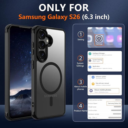 Pilaru for Samsung Galaxy S26 Phone Case:S26 Case [Compatible with Magsafe] with 2PC HD Screen Protector,Camera Bump Protection,Slim Frosted Translucent Soft-Touch for Galaxy S26,Matte Black