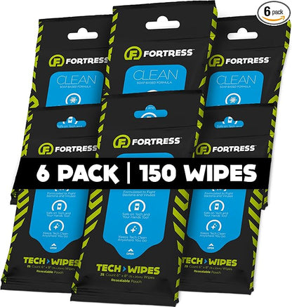 Fortress Electronic Wipes (25 ct, Pack of 6) To-Go Tech Wipes for Screens, Phones, Keyboards, TV Monitors, Computer Screens, and More [Travel Size] Skin-Safe