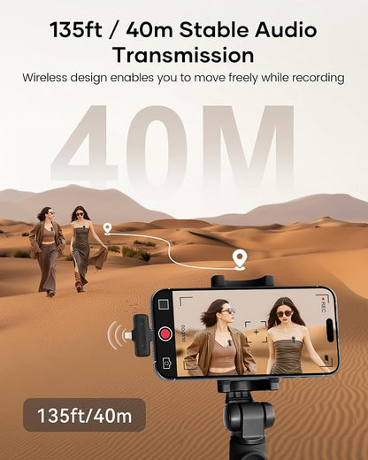 Wireless Lavalier Microphone for iPhone iPad Android with Charging Case,Lapel Mic with Noise Reduction,36H Battery Life, 135ft Range, Mini Microphone for Video Recording,YouTube,Vlog,Live Streaming