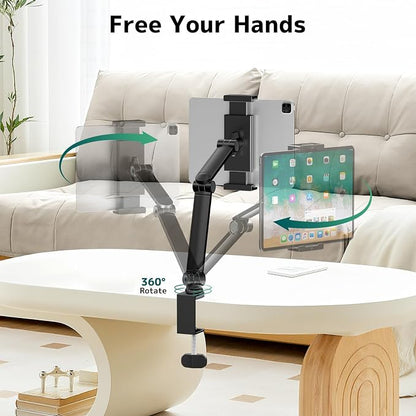 Tablet Stand Holder for Desk, Portable Phone Tablet Holder for ipad with 360° Rotation,Adjustable Arm Clamp Mount Compatible with 4.7"-12.9" iPad, iPhone, Kindle, Black