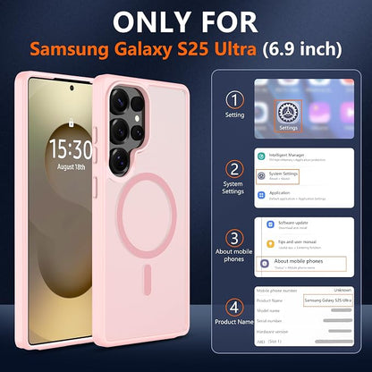 For Samsung Galaxy S25 Ultra Case [Compatible with Magsafe] Translucent Matte Magnetic S25 Ultra Phone Case,SlimThin Duty Shockproof Protection Cover with 2pc HD Screen Protector for S25 Ultra-Pink